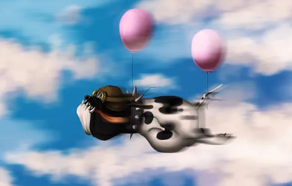 Картинка небо, облака, воздушные шары, Собака, пилот, полёт
