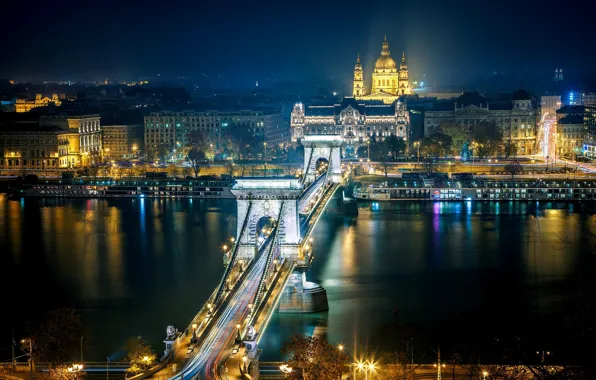 Картинка дорога, ночь, город, река, здания, дома, выдержка, освещение, архитектура, Венгрия, Будапешт, Дунай, Budapest, Цепной мост …