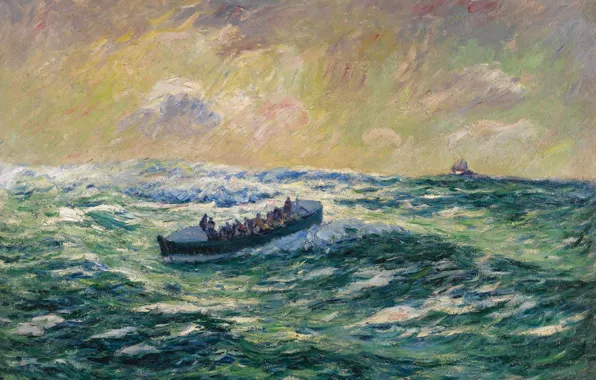 Картинка море, волны, шторм, лодка, картина, катер, морской пейзаж, Finistere, Анри Море, Rescue Boat at Audierne