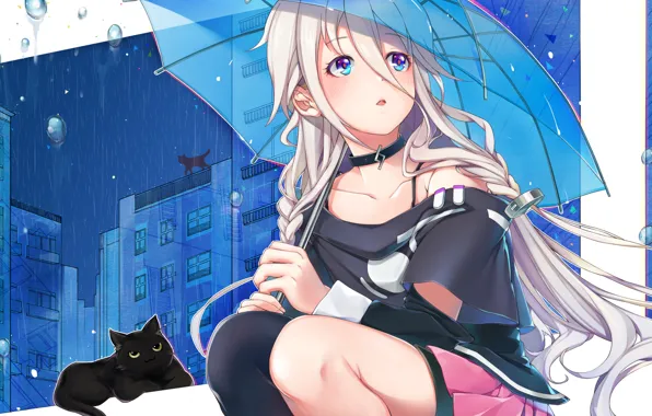 Картинка девушка, город, дождь, коты, дома, зонт, аниме, арт, vocaloid, megumoke