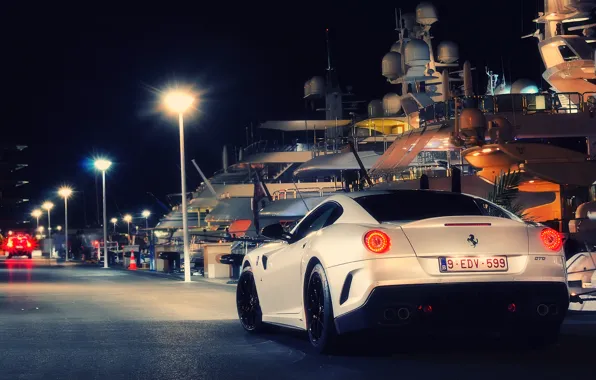 Картинка ночь, город, огни, пристань, яхты, Ferrari, Монако, Fiorano Spotting, 599 GTB