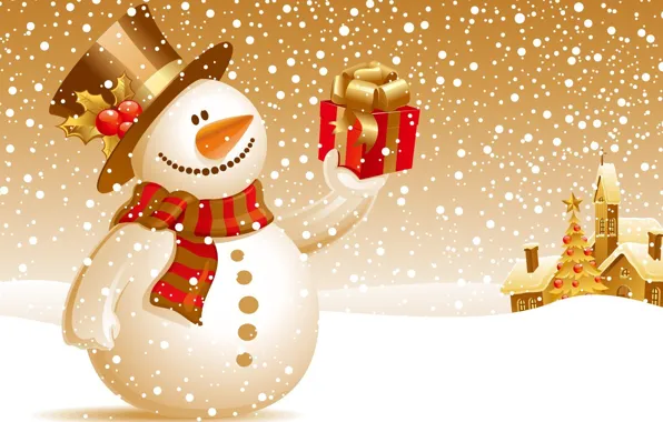 Картинка зима, снег, подарок, новый год, снеговик, christmas