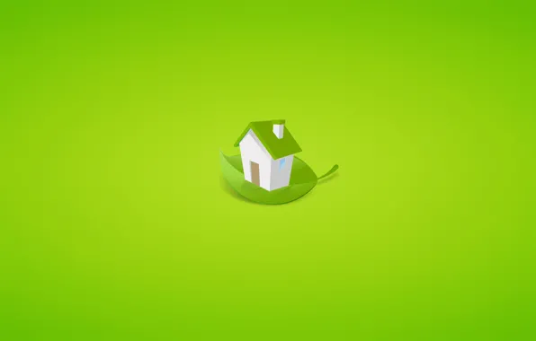 Картинка лист, зеленый, дом, фон, минимализм, дверь, окно, труба, домик, зленоватый