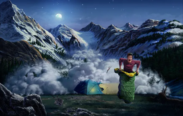Картинка горы, заяц, арт, палатка, парень, лавина, спальный мешок