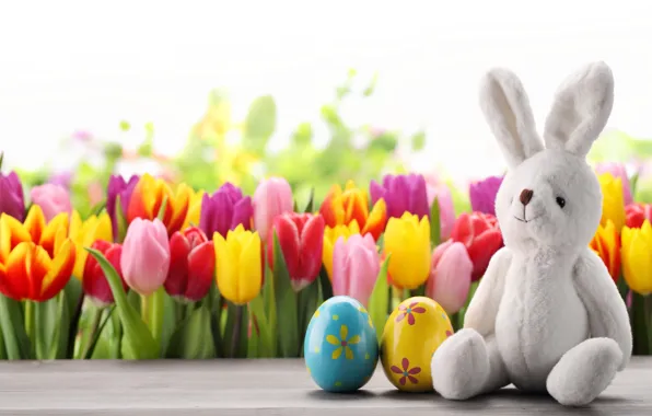 Картинка цветы, яйца, весна, кролик, Пасха, тюльпаны, flowers, tulips, spring, Easter, eggs, decoration, Happy