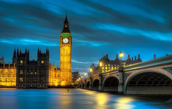 Картинка вода, свет, ночь, мост, город, река, Англия, Лондон, вечер, освещение, фонари, Великобритания, Темза, Биг-Бен, Вестминстерский …