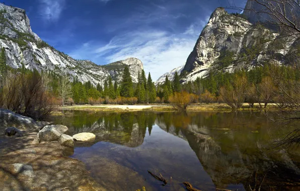 Картинка лес, деревья, горы, озеро, отражение, Калифорния, Йосемити, California, Национальный парк Йосемити, Yosemite National Park, Сьерра-Невада, …