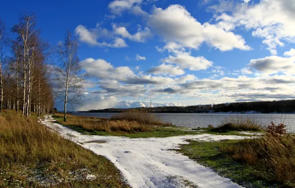 Картинка небо, трава, облака, снег, река, весна, березы, Волга