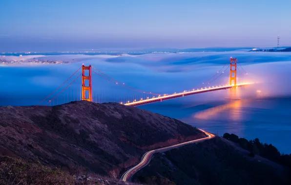 Картинка огни, туман, вечер, Сан-Франциско, США, мост Золотые Ворота