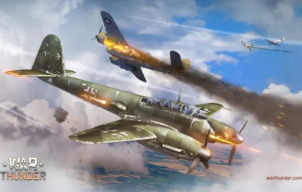 Картинка небо, облака, пламя, война, дым, истребитель, стрельба, бомбардировщик, Арт, Messerschmitt, британский, Spitfire, немецкий, двухмоторный, Bf.109, …