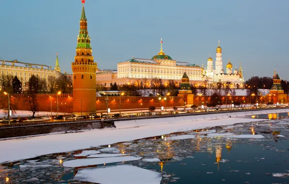 Картинка лед, зима, city, река, Москва, Кремль, Россия, Russia, Moscow, Kremlin