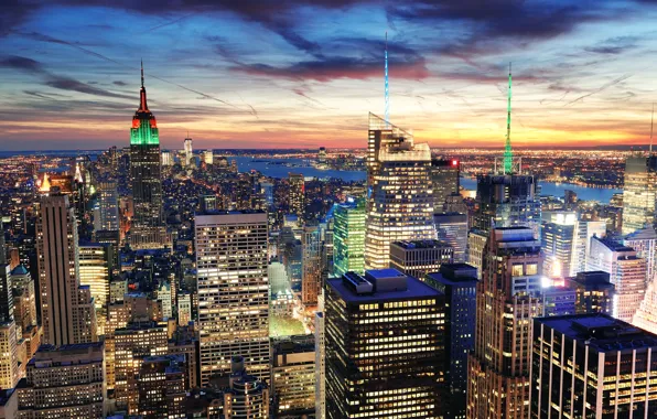 Картинка закат, город, огни, здания, дома, Нью-Йорк, небоскребы, вечер, панорама, USA, США, NYC, New York City, …