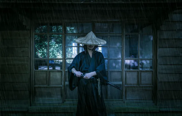 Картинка фон, дождь, меч, катана, самурай, мужчина