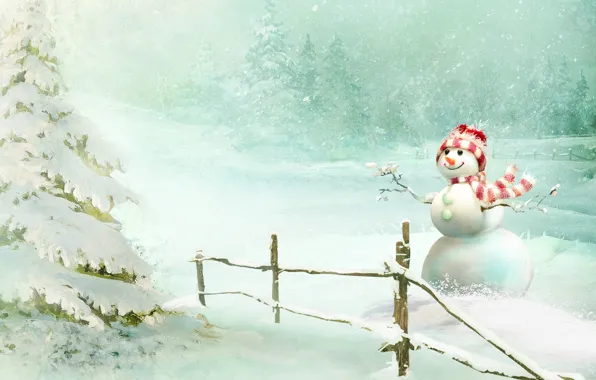 Картинка лес, снег, улыбка, снеговик, ёлка, шарфик, снегопад