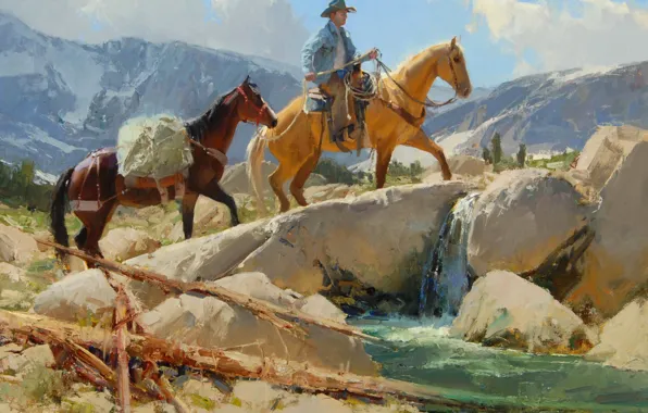 Картинка небо, пейзаж, горы, река, ручей, камни, лошадь, ковбой, Anton Bill