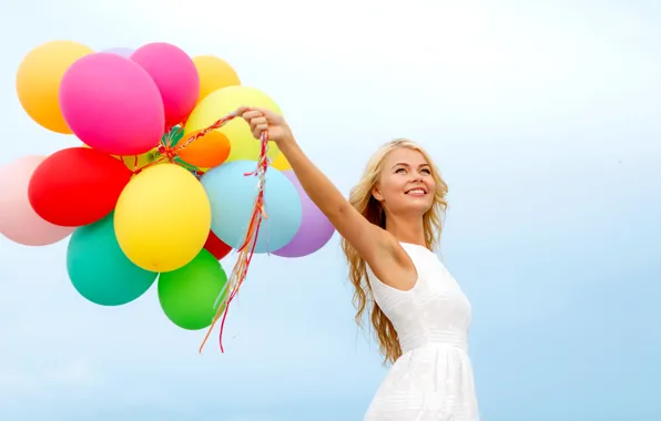 Картинка девушка, шарики, радость, счастье, воздушные шары, colorful, happy, sky, woman, blonde, balloons