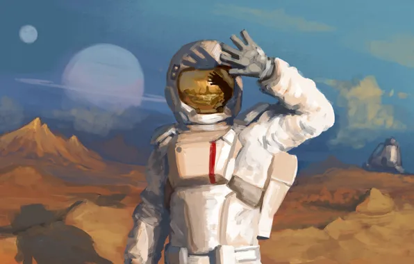 Картинка свет, отражение, планета, космонавт, скафандр, шлем, астронавт