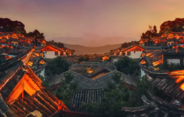 Картинка крыша, небо, горы, ночь, город, огни, China, Китай