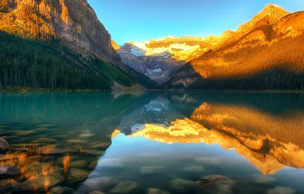 Картинка лес, закат, горы, природа, озеро, Канада