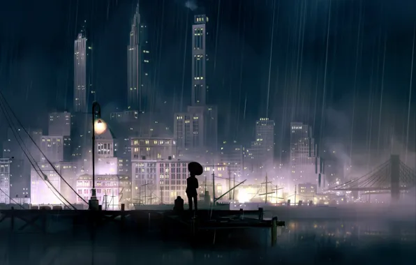 Картинка ночь, город, огни, дождь, аниме, причал, набережная
