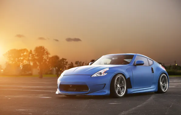 Картинка солнце, закат, синий, тюнинг, Nissan, блик, ниссан, blue, front, обвес, 370Z