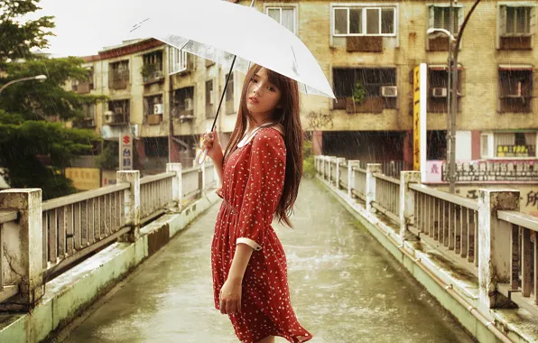 Картинка взгляд, девушка, мост, лицо, зонтик, дождь, платье, азиатка, погода