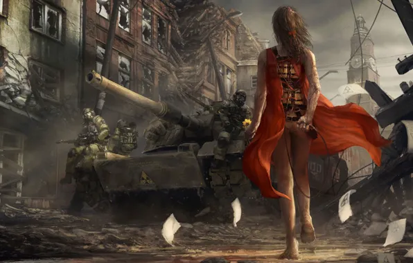 Картинка девушка, солдаты, танк, инфекция, вирус, красное платье