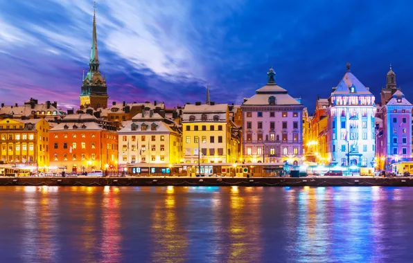 Картинка здания, Стокгольм, Швеция, ночной город, набережная, Sweden, Stockholm