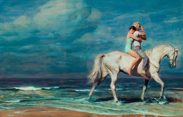 Картинка вода, конь, берег, женщина, мужчина, двое, Tom Lovell