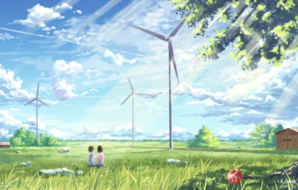 Картинка небо, девушка, облака, деревья, природа, дома, аниме, арт, парень, ветряные мельницы, yuuko-san