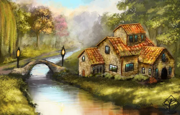 Картинка лес, деревья, мост, дом, река, арт, фонари, ива