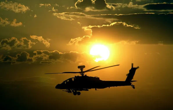 Картинка закат, вертолет, sunset, apache, helicopter