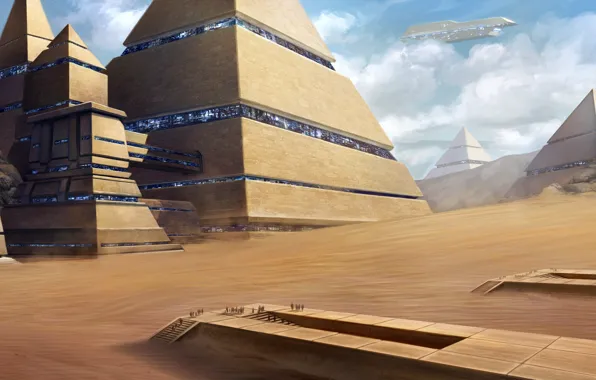 Картинка город, люди, пустыня, корабль, арт, пирамиды