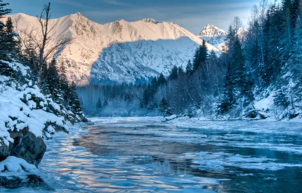 Картинка зима, лес, пейзаж, горы, природа, река, Alaska