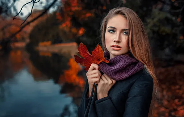 Картинка осень, девушка, природа, лист, портрет, Damian Piórko