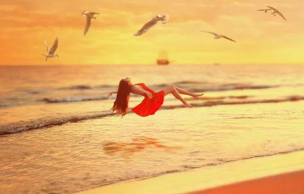 Картинка Girl, Red, Sunset, Sea, Dress, Over, Livetation