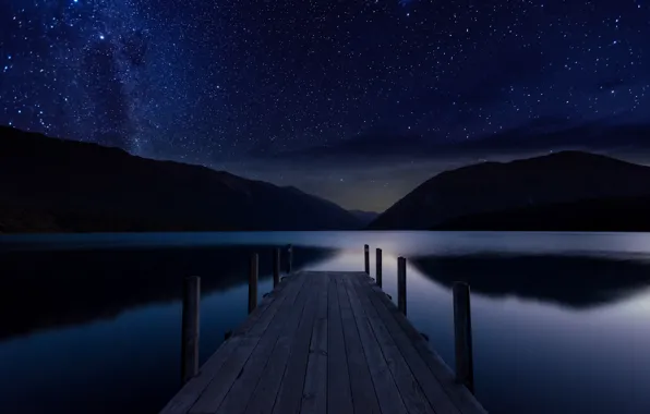 Картинка небо, звезды, ночь, озеро, пристань