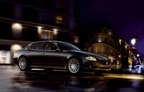 Картинка Maserati, Quattroporte, Черный, Ночь, Город, Колеса, Езда