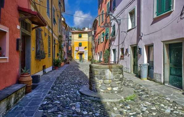 Картинка улица, дома, колодец, Италия, Веццано-Лигуре