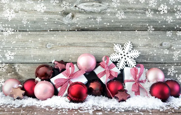 Картинка снег, украшения, снежинки, шары, Новый Год, Рождество, подарки, Christmas, Xmas, decoration, gifts, Merry