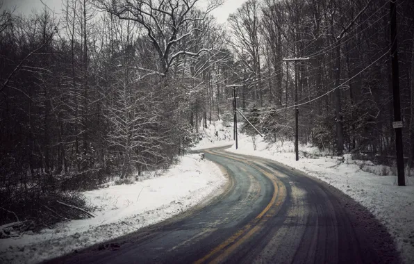 Картинка зима, дорога, снег, деревья, линия электропередач