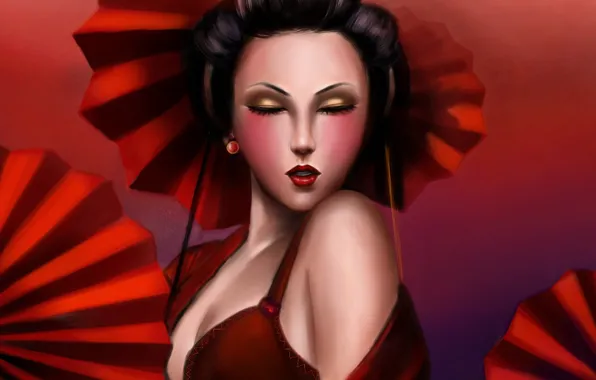 Картинка девушка, лицо, красное, арт, гейша, зонты, Lilyzou