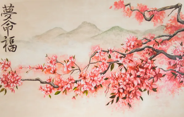 Картинка горы, весна, сакура, арт, цветение