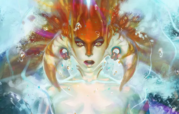 Картинка вода, девушка, пузырьки, лицо, арт, рога, DOTA 2, Naga, Siren