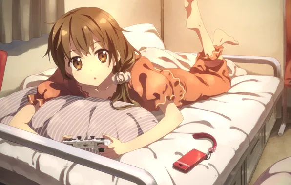 Картинка взгляд, девушка, кровать, лежит, джойстик, подушка, телефон, art, yuuki tatsuya, геймпад, gamepad, мобильник