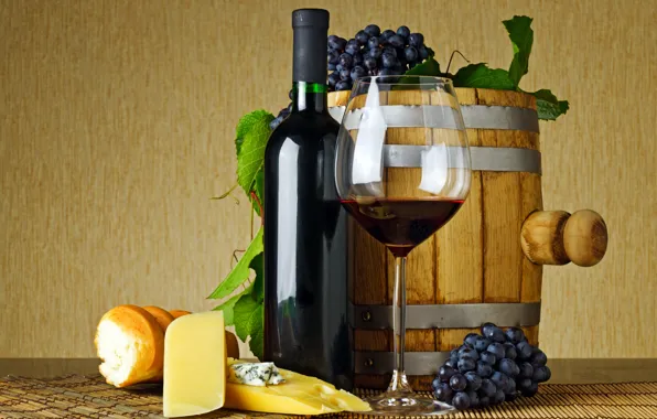 Картинка листья, стол, вино, красное, бокал, бутылка, сыр, хлеб, виноград, багет, циновка, бочонок
