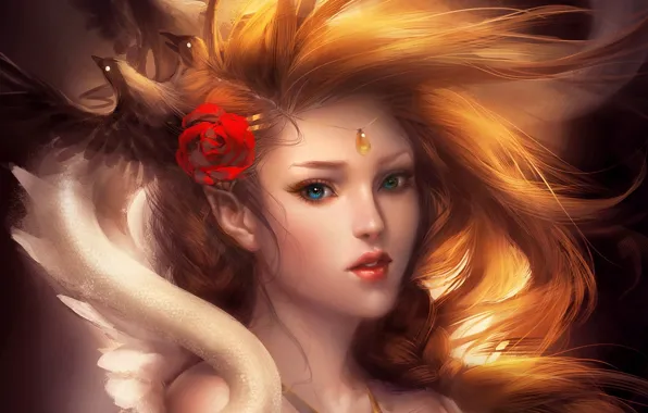 Картинка девушка, птицы, роза, чешуя, арт, кулон, вороны, коса, sakimichan