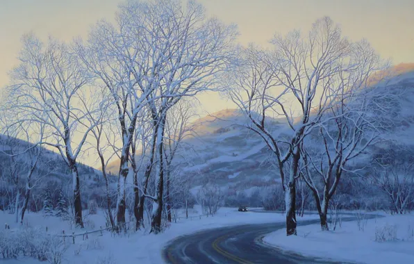 Картинка зима, дорога, car, машина, снег, пейзаж, горы, вечер, живопись, road, trees, art, winter, snow, evening, …