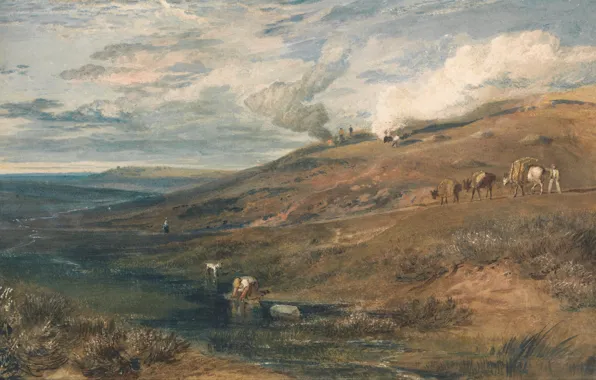Картинка пейзаж, река, ручей, холмы, картина, Уильям Тёрнер, Dartmoor - The Source of the Tamar and …
