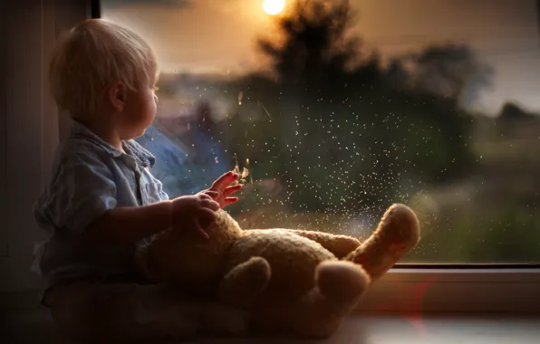 Картинка капли, отражение, игрушка, ребенок, мальчик, малыш, медведь, окно, мишка